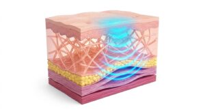 피부 층 구조와 탄력 개선 원리를 보여주는 3D 일러스트